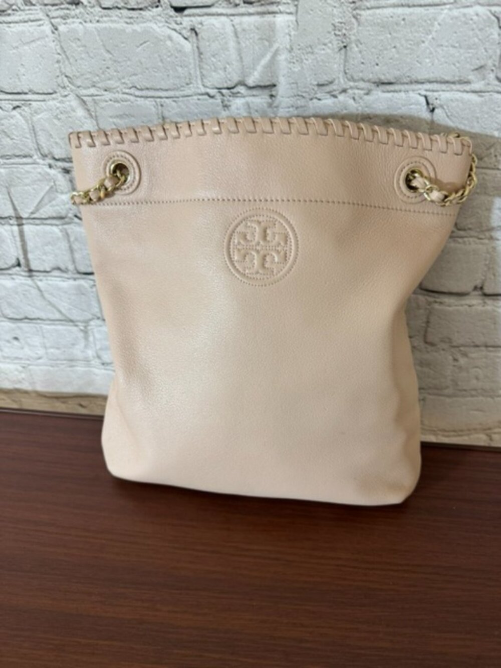 Tory Burch Marion Tote Pale Pink Pebbled Leather Chain Strap Bag